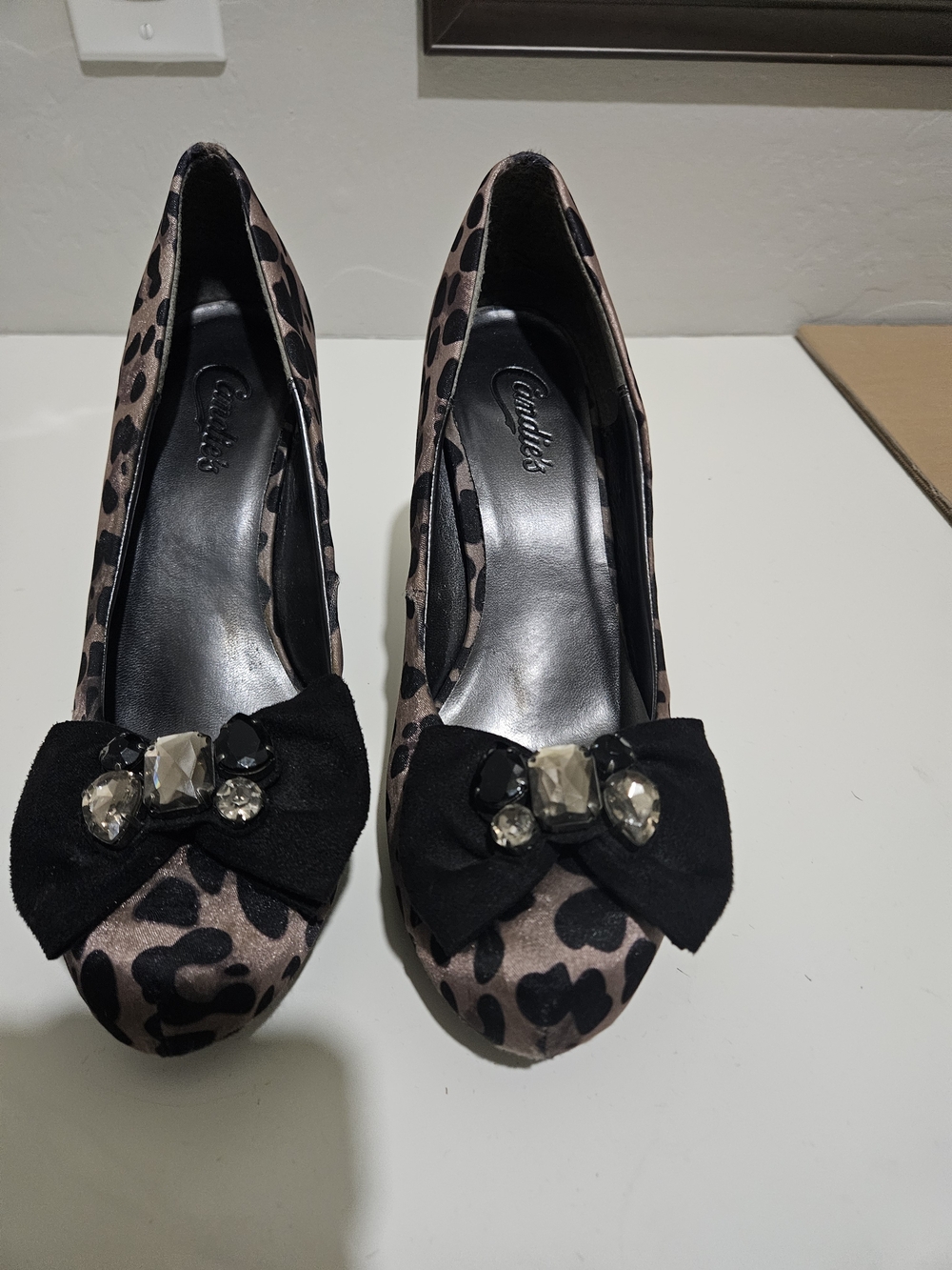 Candie's Leopard Print Pumps with Black Bow and Gem Accents